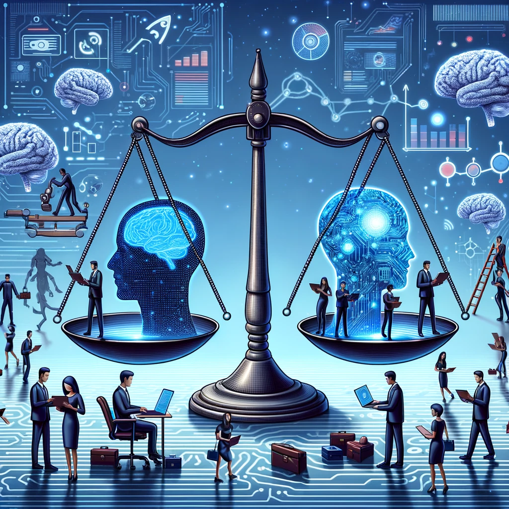 Balance symbolisant les défis éthiques et les considérations de l'utilisation de l'intelligence artificielle dans les médias.